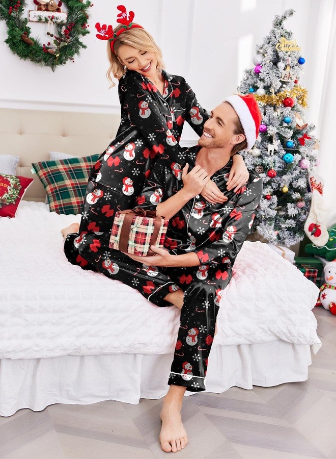 Ekouaer Couples Matching Pajamas Silk Long Sleeve Sleepwear Satin Soft Button Down Loungewear Pjs Set,Christmas Black,XXL - Image 4